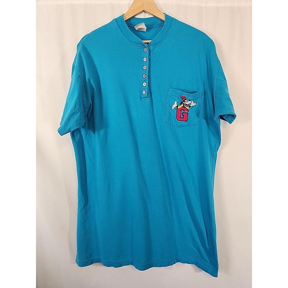 Disney Mickey & Co. Embroidered Pocket Henley Goofy Vintage 90s Turquoise‎ OSFA
